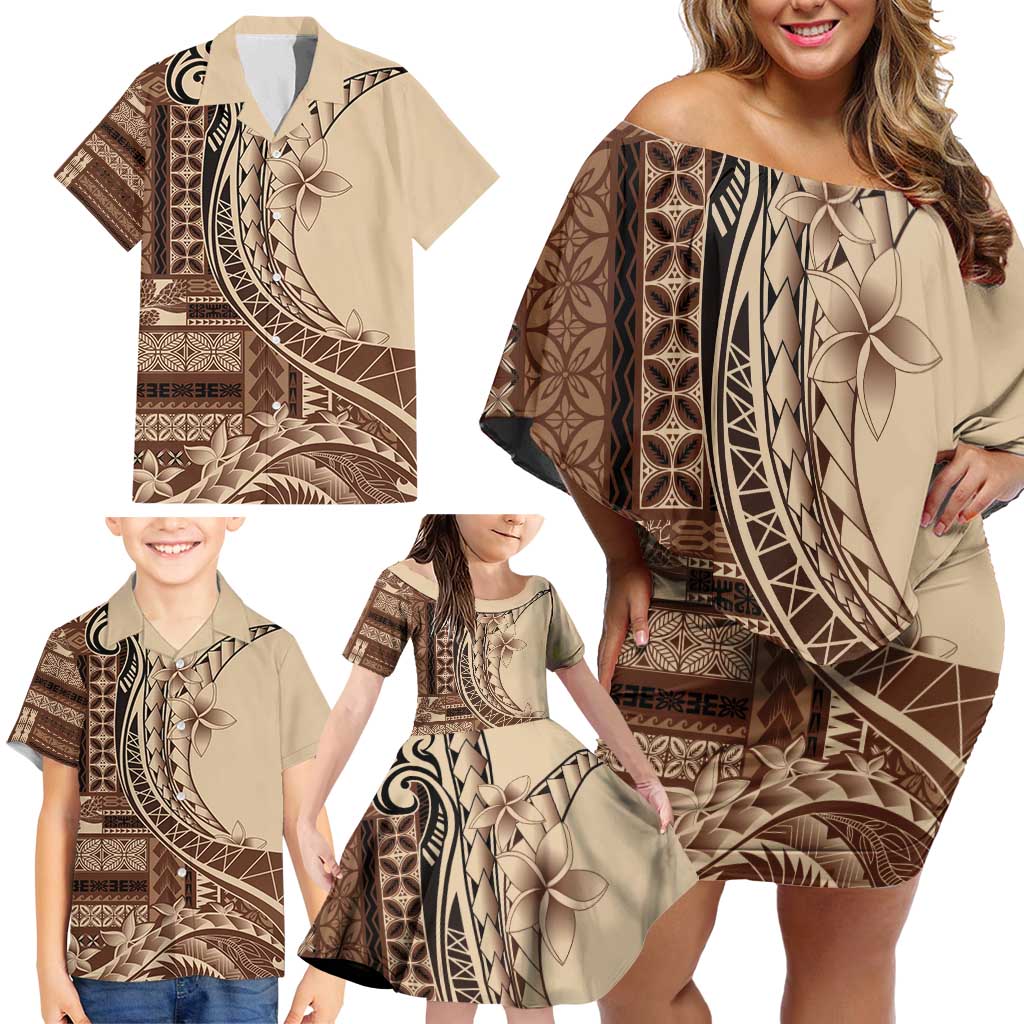 Samoa Siapo Mamanu Family Matching Off Shoulder Short Dress and Hawaiian Shirt Plumeria Mocha Motifs LT7 - Polynesian Pride
