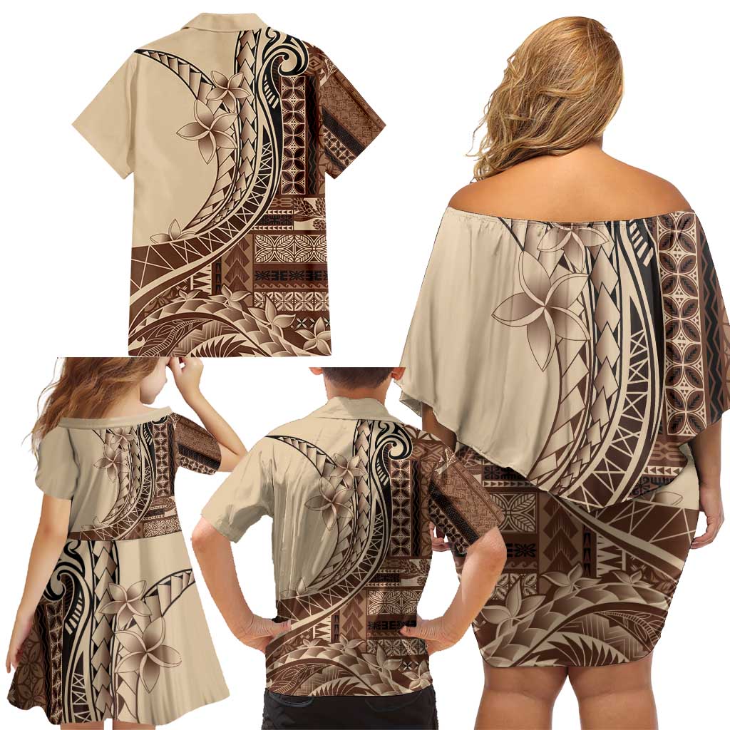 Samoa Siapo Mamanu Family Matching Off Shoulder Short Dress and Hawaiian Shirt Plumeria Mocha Motifs LT7 - Polynesian Pride