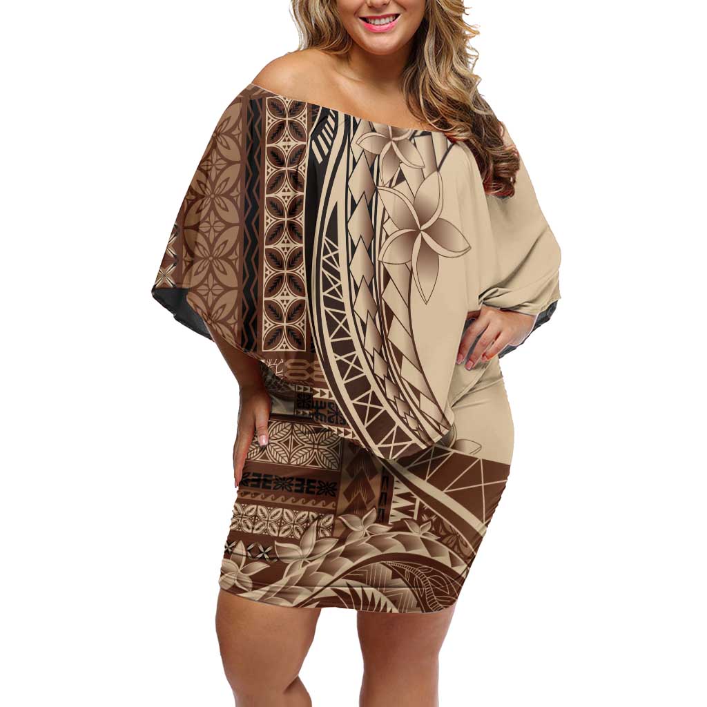 Samoa Siapo Mamanu Family Matching Off Shoulder Short Dress and Hawaiian Shirt Plumeria Mocha Motifs LT7 Mom's Dress Mocha - Polynesian Pride