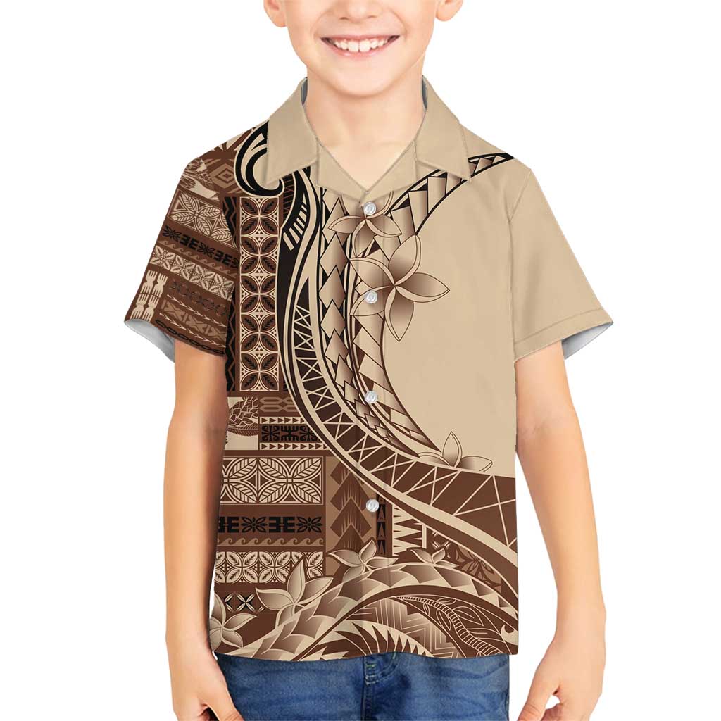 Samoa Siapo Mamanu Family Matching Off Shoulder Short Dress and Hawaiian Shirt Plumeria Mocha Motifs LT7 Son's Shirt Mocha - Polynesian Pride