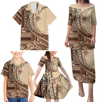 Samoa Siapo Mamanu Family Matching Puletasi and Hawaiian Shirt Plumeria Mocha Motifs LT7 - Polynesian Pride