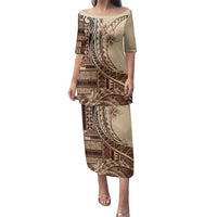Samoa Siapo Mamanu Family Matching Puletasi and Hawaiian Shirt Plumeria Mocha Motifs LT7 Mom's Dress Mocha - Polynesian Pride