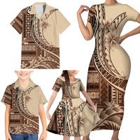 Samoa Siapo Mamanu Family Matching Short Sleeve Bodycon Dress and Hawaiian Shirt Plumeria Mocha Motifs LT7 - Polynesian Pride