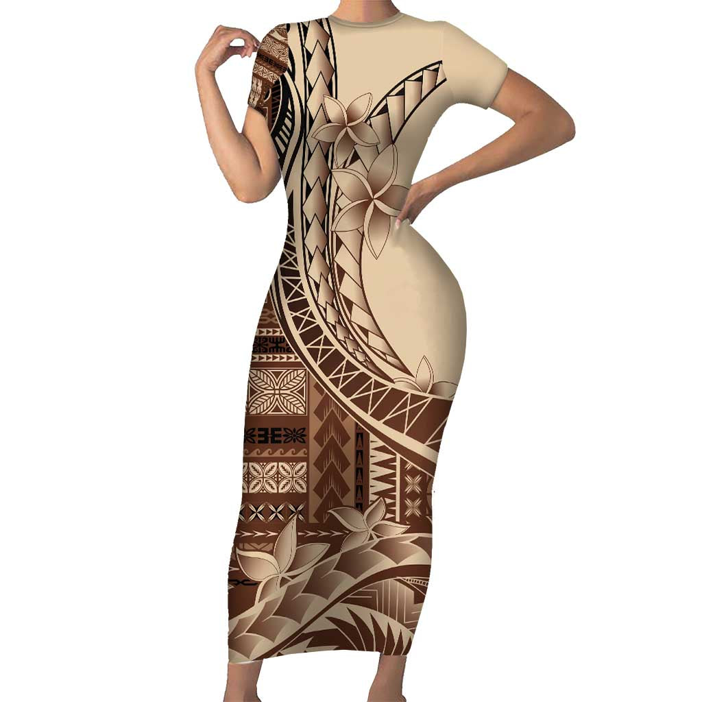 Samoa Siapo Mamanu Family Matching Short Sleeve Bodycon Dress and Hawaiian Shirt Plumeria Mocha Motifs LT7 Mom's Dress Mocha - Polynesian Pride