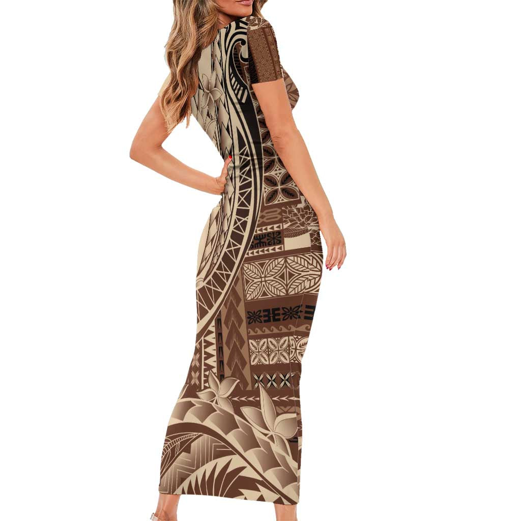 Samoa Siapo Mamanu Family Matching Short Sleeve Bodycon Dress and Hawaiian Shirt Plumeria Mocha Motifs LT7 - Polynesian Pride