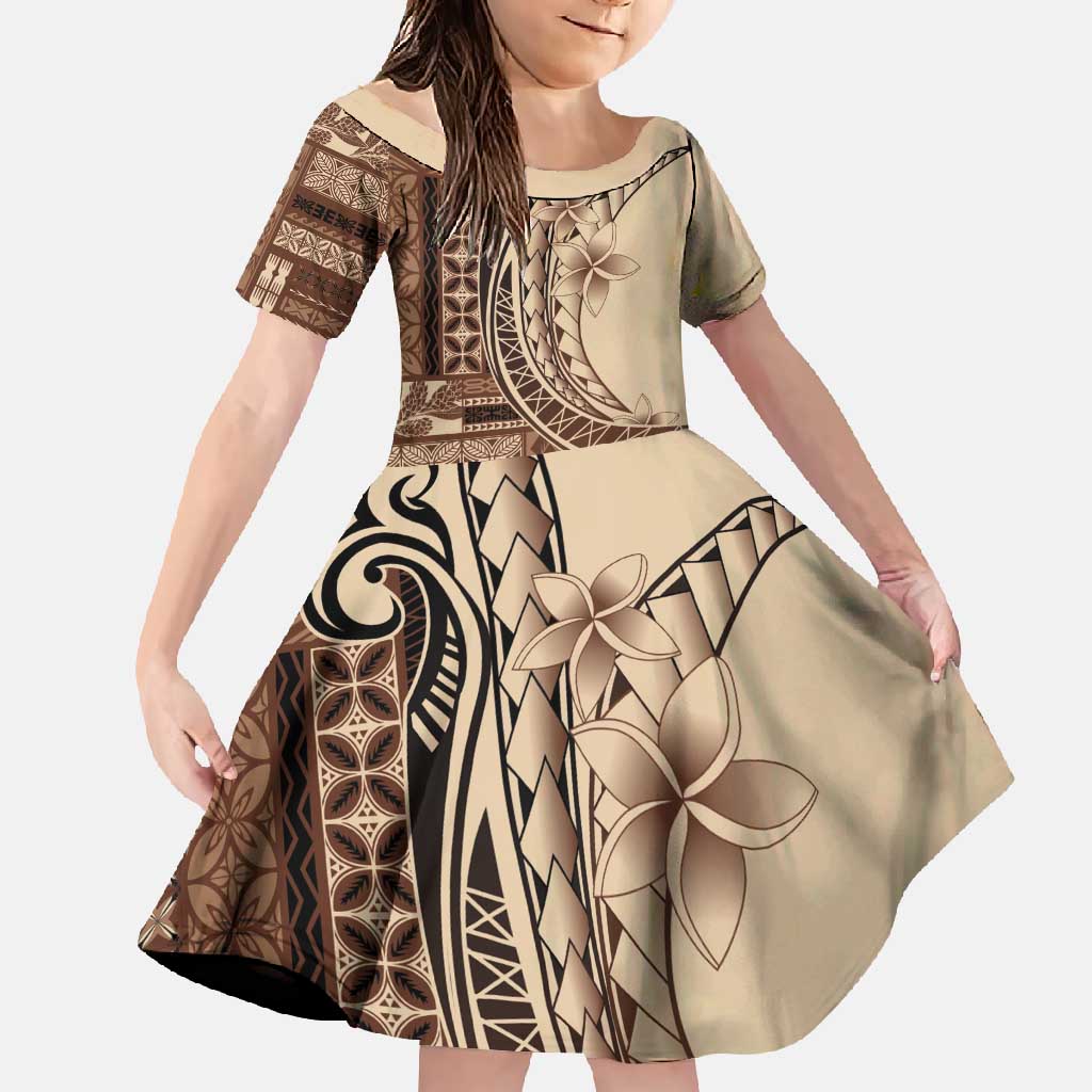 Samoa Siapo Mamanu Family Matching Summer Maxi Dress and Hawaiian Shirt Plumeria Mocha Motifs LT7 Daughter's Dress Mocha - Polynesian Pride
