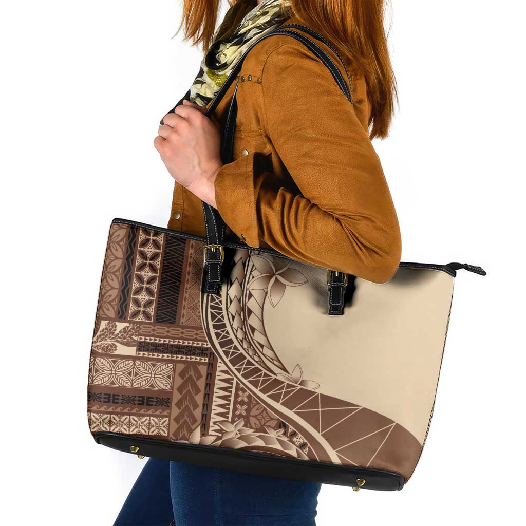 Samoa Siapo Mamanu Leather Tote Bag Plumeria Mocha Motifs LT7 Mocha - Polynesian Pride