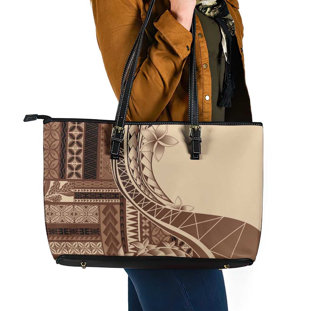 Samoa Siapo Mamanu Leather Tote Bag Plumeria Mocha Motifs LT7 - Polynesian Pride