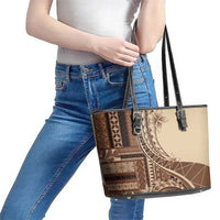 Samoa Siapo Mamanu Leather Tote Bag Plumeria Mocha Motifs LT7 - Polynesian Pride