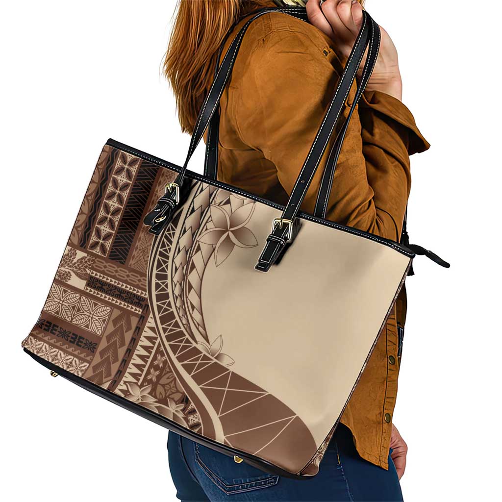 Samoa Siapo Mamanu Leather Tote Bag Plumeria Mocha Motifs LT7 - Polynesian Pride