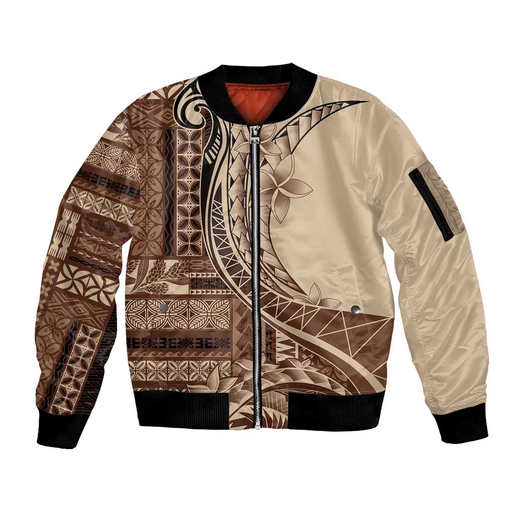 Samoa Siapo Mamanu Sleeve Zip Bomber Jacket Plumeria Mocha Motifs LT7 Unisex Mocha - Polynesian Pride