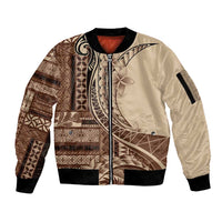 Samoa Siapo Mamanu Sleeve Zip Bomber Jacket Plumeria Mocha Motifs LT7 Unisex Mocha - Polynesian Pride