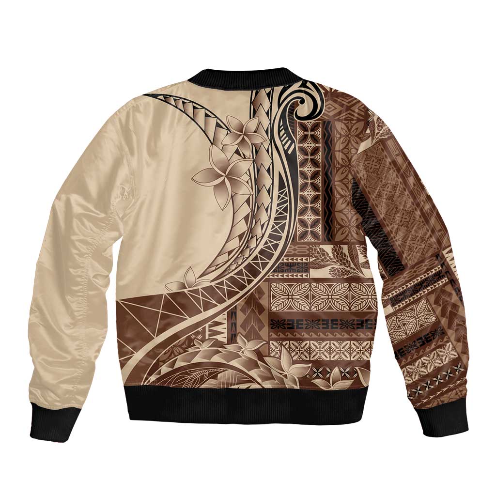 Samoa Siapo Mamanu Sleeve Zip Bomber Jacket Plumeria Mocha Motifs LT7 - Polynesian Pride