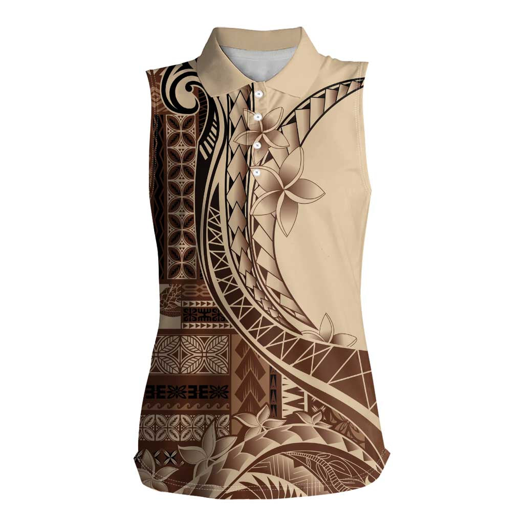 Samoa Siapo Mamanu Women Sleeveless Polo Shirt Plumeria Mocha Motifs LT7 Female Mocha - Polynesian Pride
