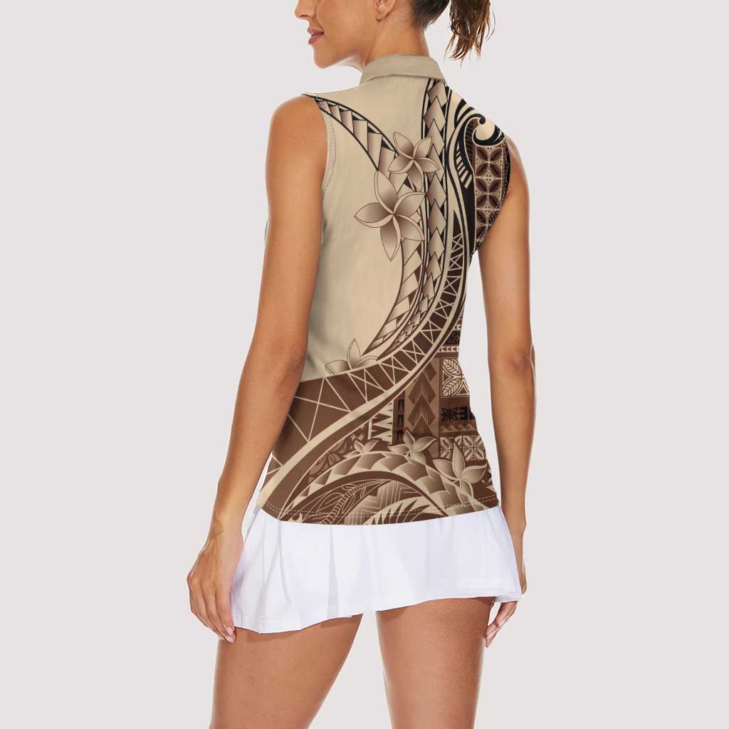 Samoa Siapo Mamanu Women Sleeveless Polo Shirt Plumeria Mocha Motifs LT7 - Polynesian Pride