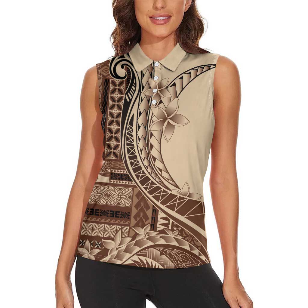 Samoa Siapo Mamanu Women Sleeveless Polo Shirt Plumeria Mocha Motifs LT7 - Polynesian Pride