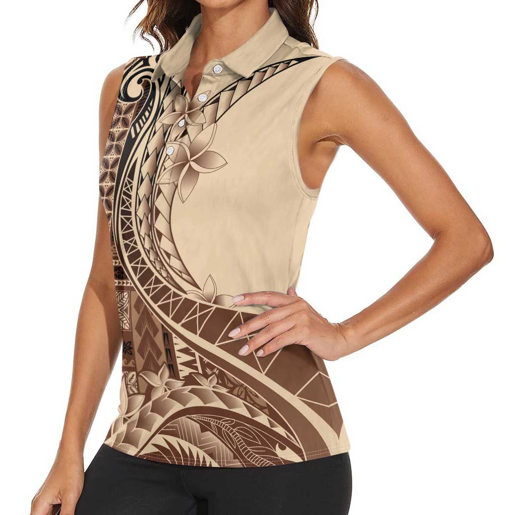 Samoa Siapo Mamanu Women Sleeveless Polo Shirt Plumeria Mocha Motifs LT7 - Polynesian Pride