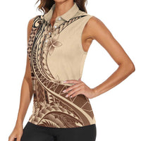 Samoa Siapo Mamanu Women Sleeveless Polo Shirt Plumeria Mocha Motifs LT7 - Polynesian Pride
