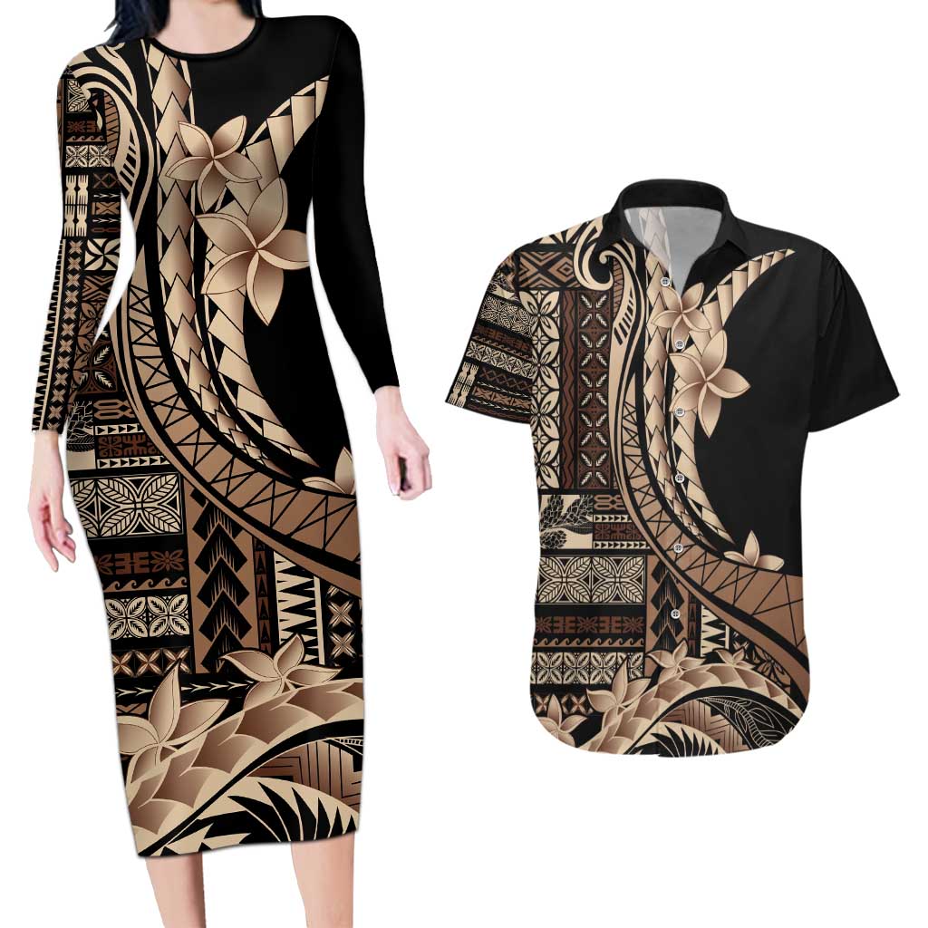 Samoa Siapo Mamanu Couples Matching Long Sleeve Bodycon Dress and Hawaiian Shirt Plumeria Black Motifs LT7 Black - Polynesian Pride