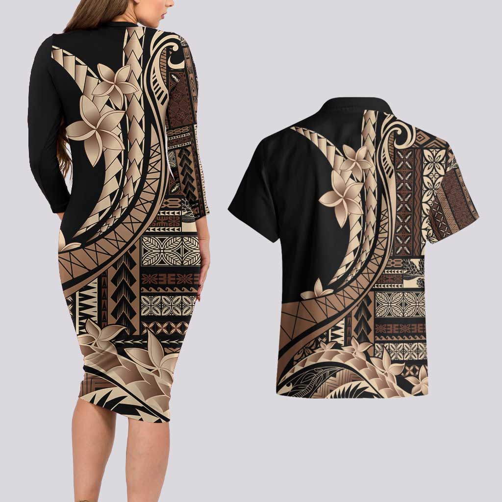 Samoa Siapo Mamanu Couples Matching Long Sleeve Bodycon Dress and Hawaiian Shirt Plumeria Black Motifs LT7 - Polynesian Pride