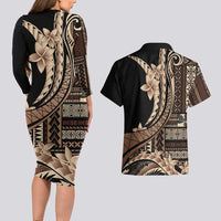 Samoa Siapo Mamanu Couples Matching Long Sleeve Bodycon Dress and Hawaiian Shirt Plumeria Black Motifs LT7 - Polynesian Pride