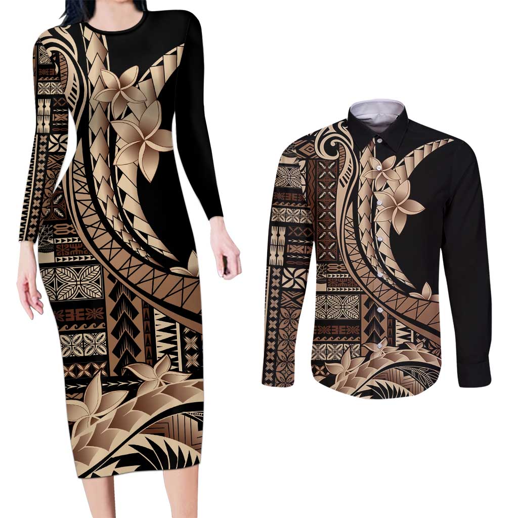 Samoa Siapo Mamanu Couples Matching Long Sleeve Bodycon Dress and Long Sleeve Button Shirt Plumeria Black Motifs LT7 Black - Polynesian Pride
