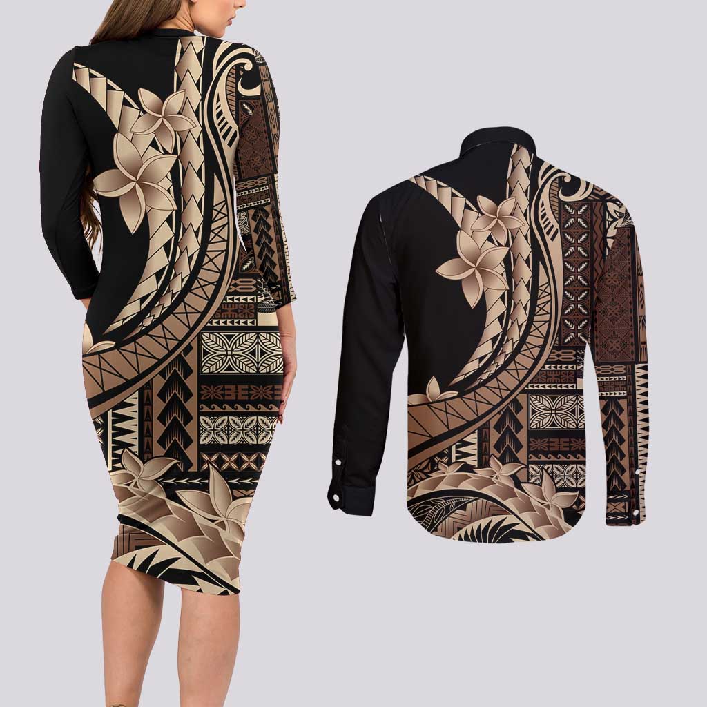 Samoa Siapo Mamanu Couples Matching Long Sleeve Bodycon Dress and Long Sleeve Button Shirt Plumeria Black Motifs LT7 - Polynesian Pride