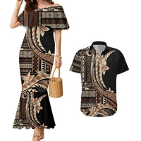 Samoa Siapo Mamanu Couples Matching Mermaid Dress and Hawaiian Shirt Plumeria Black Motifs LT7 Black - Polynesian Pride