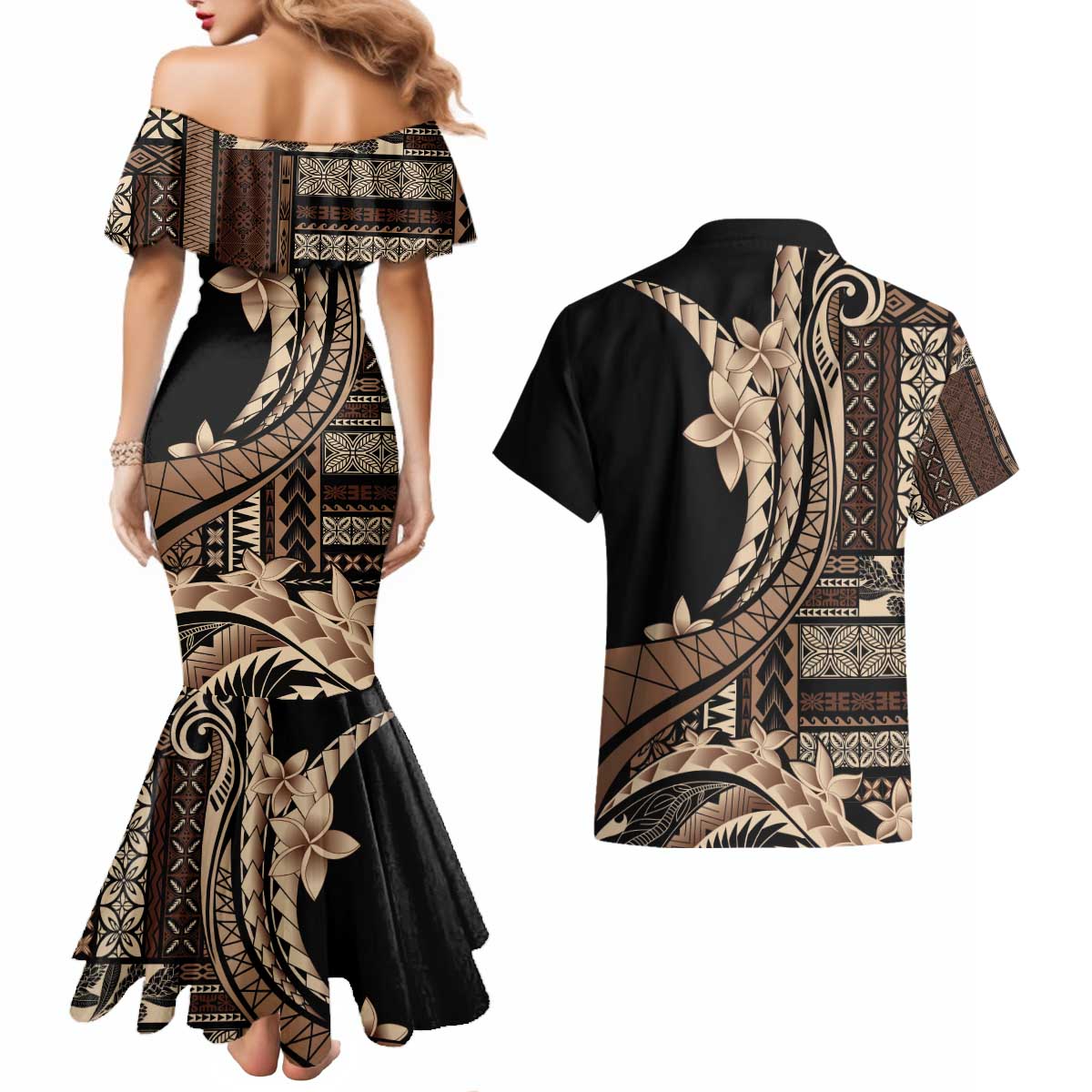 Samoa Siapo Mamanu Couples Matching Mermaid Dress and Hawaiian Shirt Plumeria Black Motifs LT7 - Polynesian Pride
