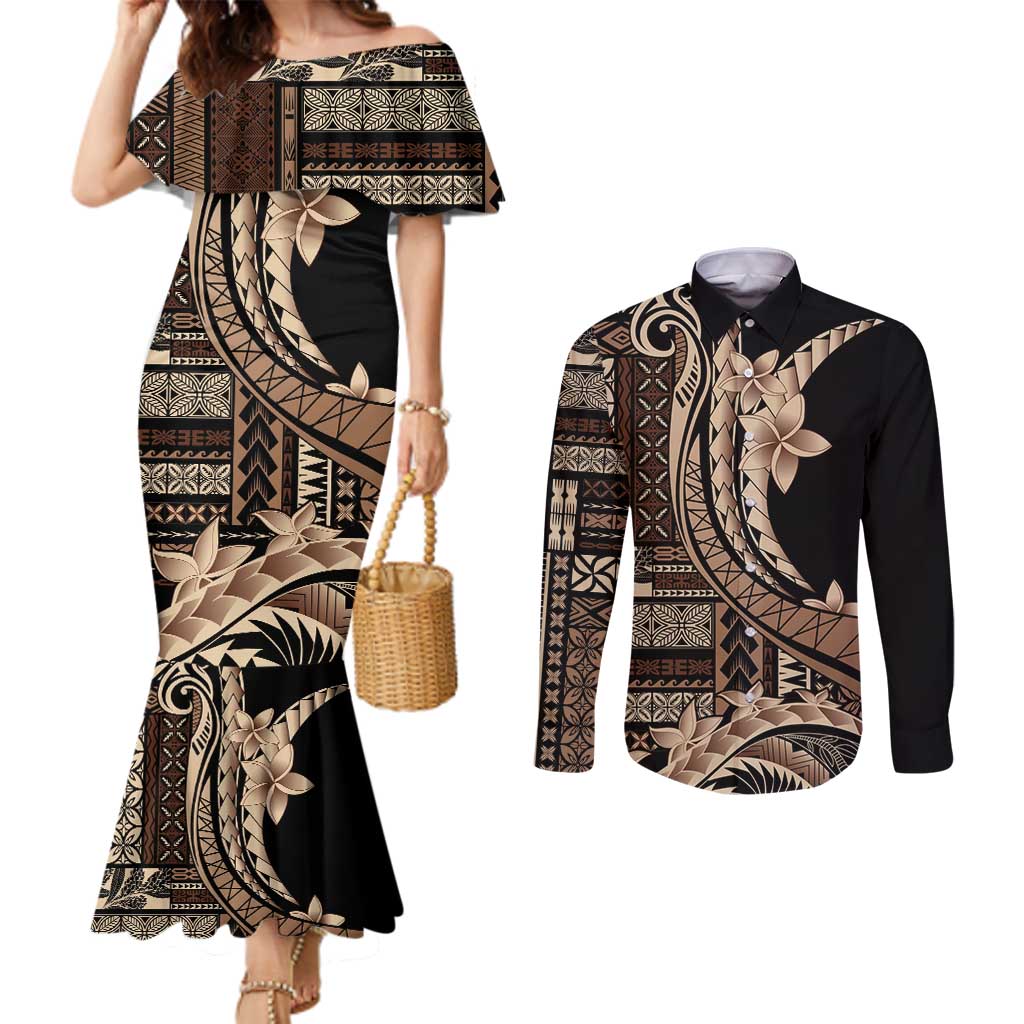Samoa Siapo Mamanu Couples Matching Mermaid Dress and Long Sleeve Button Shirt Plumeria Black Motifs LT7 Black - Polynesian Pride