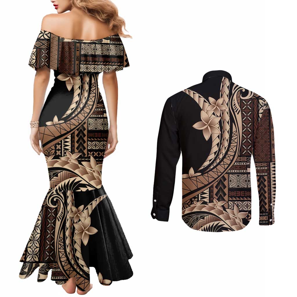Samoa Siapo Mamanu Couples Matching Mermaid Dress and Long Sleeve Button Shirt Plumeria Black Motifs LT7 - Polynesian Pride