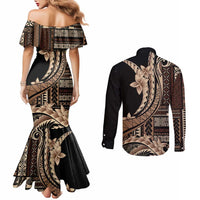 Samoa Siapo Mamanu Couples Matching Mermaid Dress and Long Sleeve Button Shirt Plumeria Black Motifs LT7 - Polynesian Pride