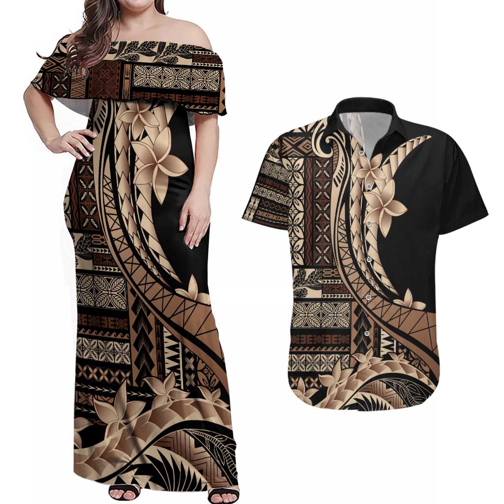 Samoa Siapo Mamanu Couples Matching Off Shoulder Maxi Dress and Hawaiian Shirt Plumeria Black Motifs LT7 Black - Polynesian Pride