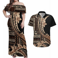 Samoa Siapo Mamanu Couples Matching Off Shoulder Maxi Dress and Hawaiian Shirt Plumeria Black Motifs LT7 Black - Polynesian Pride