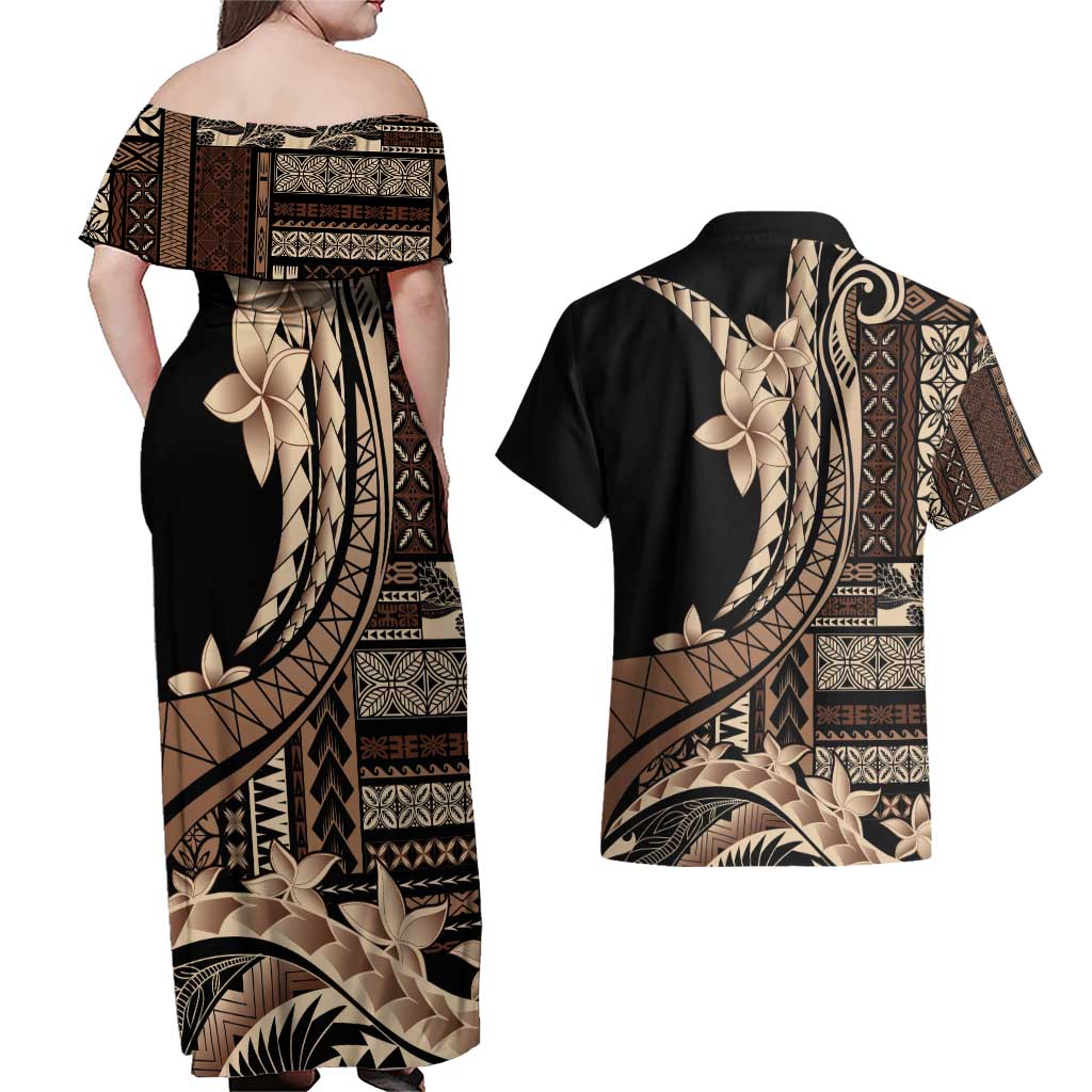 Samoa Siapo Mamanu Couples Matching Off Shoulder Maxi Dress and Hawaiian Shirt Plumeria Black Motifs LT7 - Polynesian Pride