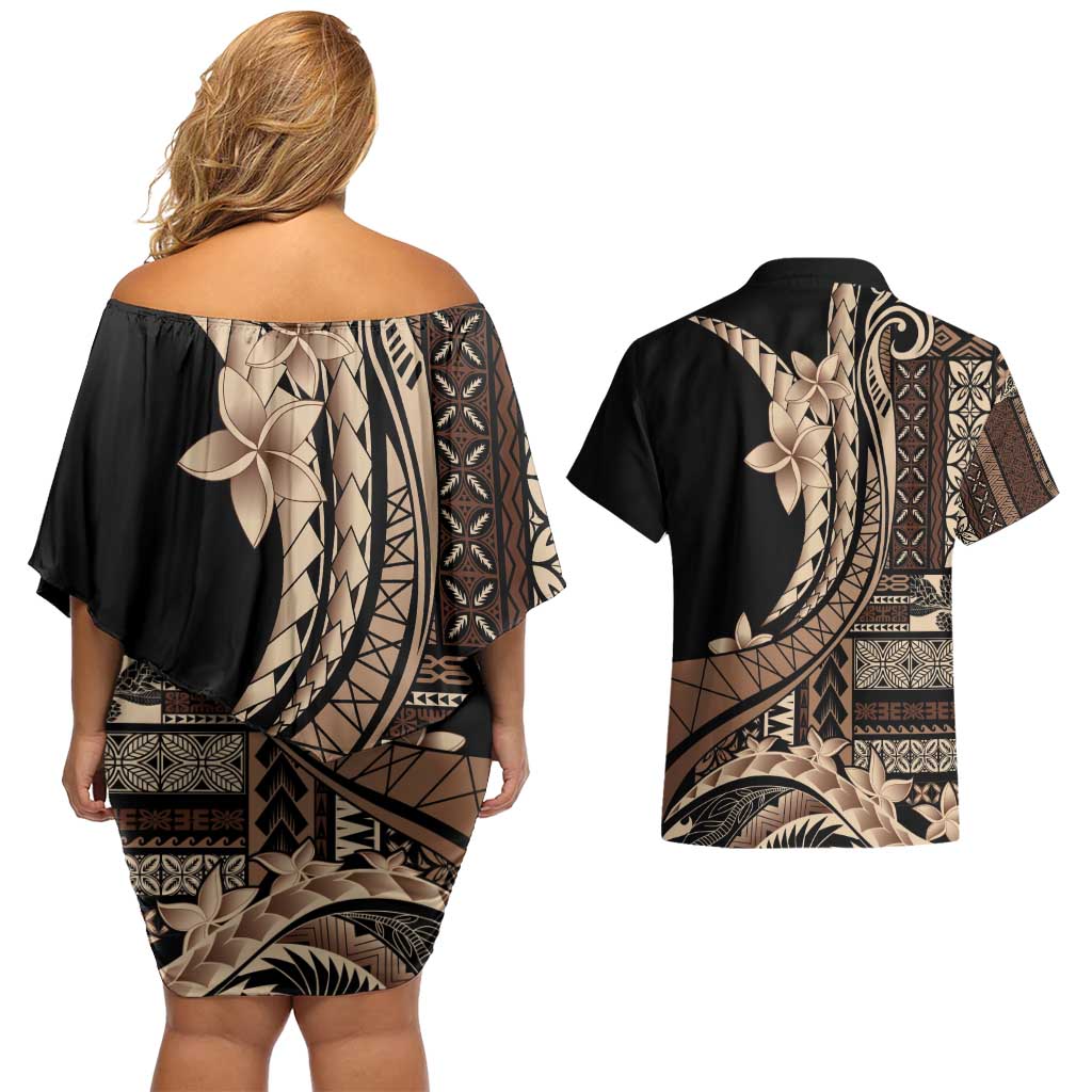 Samoa Siapo Mamanu Couples Matching Off Shoulder Short Dress and Hawaiian Shirt Plumeria Black Motifs LT7 - Polynesian Pride