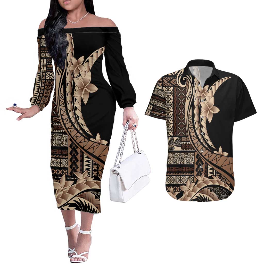 Samoa Siapo Mamanu Couples Matching Off The Shoulder Long Sleeve Dress and Hawaiian Shirt Plumeria Black Motifs LT7 Black - Polynesian Pride