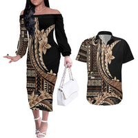 Samoa Siapo Mamanu Couples Matching Off The Shoulder Long Sleeve Dress and Hawaiian Shirt Plumeria Black Motifs LT7 Black - Polynesian Pride