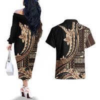 Samoa Siapo Mamanu Couples Matching Off The Shoulder Long Sleeve Dress and Hawaiian Shirt Plumeria Black Motifs LT7 - Polynesian Pride