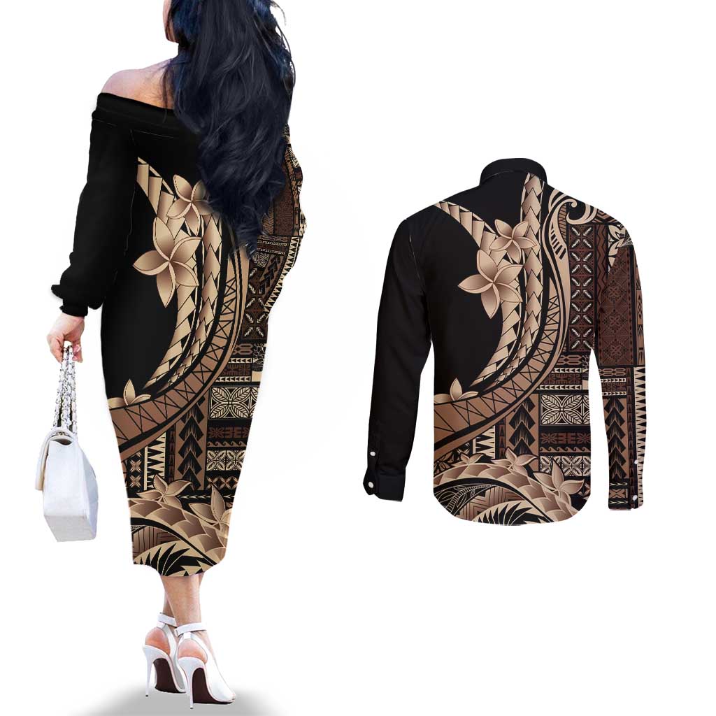 Samoa Siapo Mamanu Couples Matching Off The Shoulder Long Sleeve Dress and Long Sleeve Button Shirt Plumeria Black Motifs LT7 - Polynesian Pride