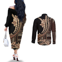 Samoa Siapo Mamanu Couples Matching Off The Shoulder Long Sleeve Dress and Long Sleeve Button Shirt Plumeria Black Motifs LT7 - Polynesian Pride