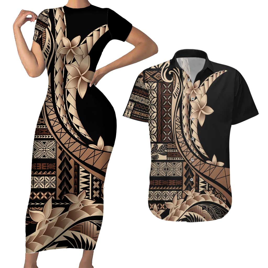 Samoa Siapo Mamanu Couples Matching Short Sleeve Bodycon Dress and Hawaiian Shirt Plumeria Black Motifs LT7 Black - Polynesian Pride