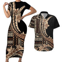 Samoa Siapo Mamanu Couples Matching Short Sleeve Bodycon Dress and Hawaiian Shirt Plumeria Black Motifs LT7 Black - Polynesian Pride