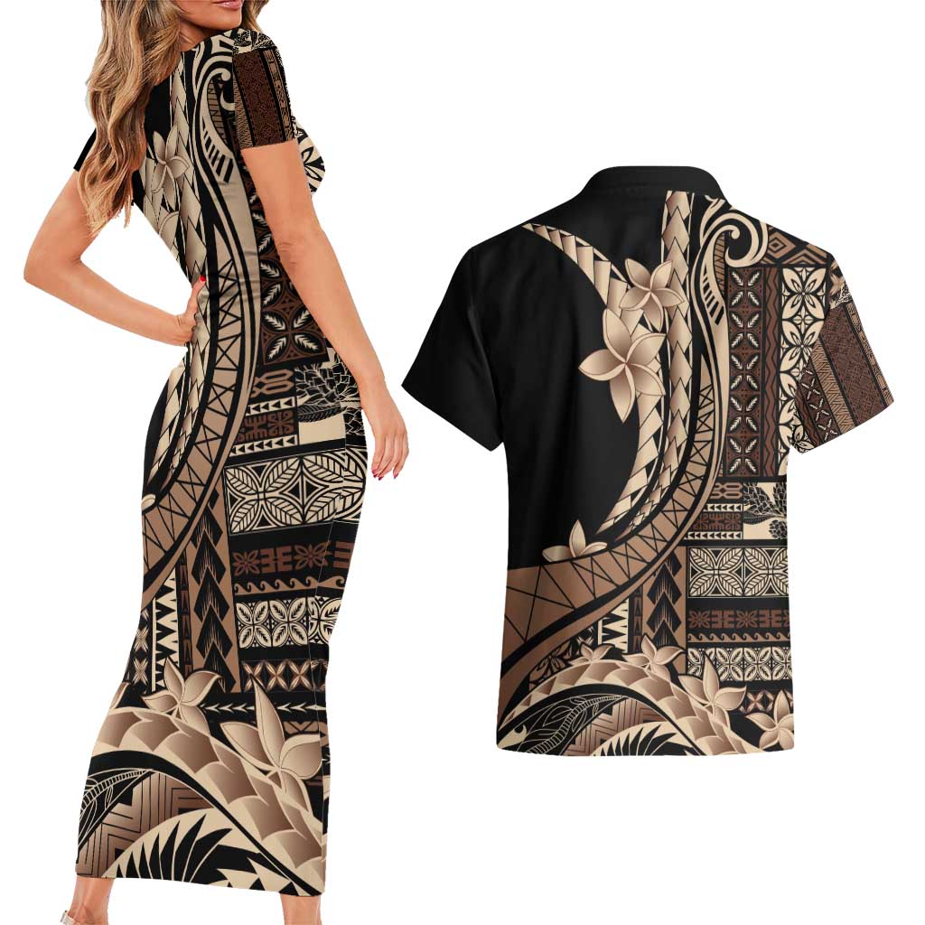 Samoa Siapo Mamanu Couples Matching Short Sleeve Bodycon Dress and Hawaiian Shirt Plumeria Black Motifs LT7 - Polynesian Pride