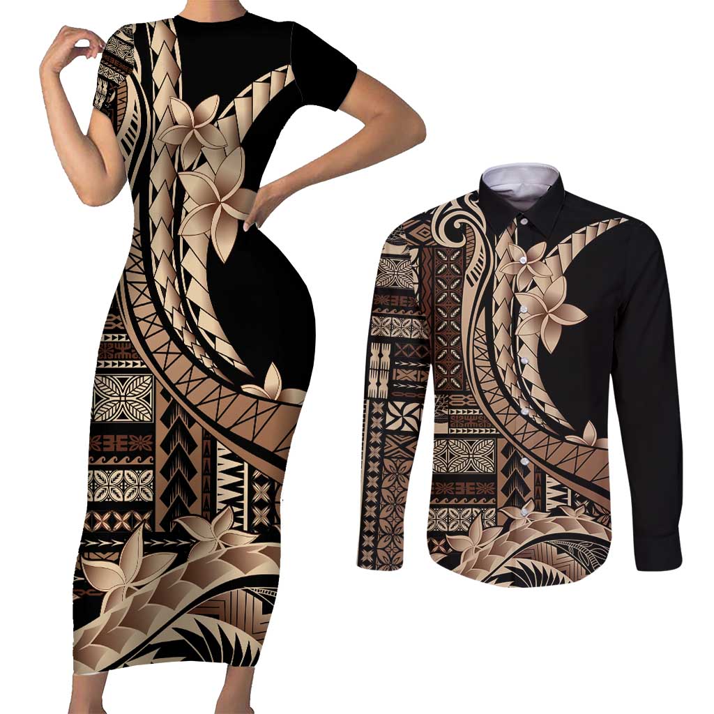 Samoa Siapo Mamanu Couples Matching Short Sleeve Bodycon Dress and Long Sleeve Button Shirt Plumeria Black Motifs LT7 Black - Polynesian Pride