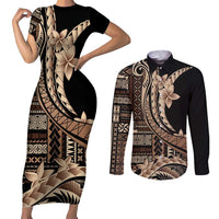 Samoa Siapo Mamanu Couples Matching Short Sleeve Bodycon Dress and Long Sleeve Button Shirt Plumeria Black Motifs LT7 Black - Polynesian Pride