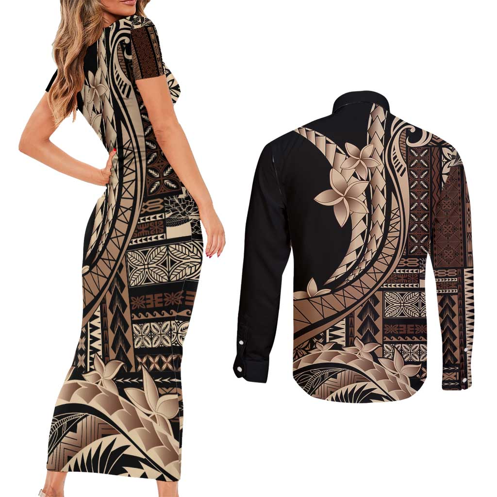 Samoa Siapo Mamanu Couples Matching Short Sleeve Bodycon Dress and Long Sleeve Button Shirt Plumeria Black Motifs LT7 - Polynesian Pride