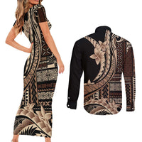 Samoa Siapo Mamanu Couples Matching Short Sleeve Bodycon Dress and Long Sleeve Button Shirt Plumeria Black Motifs LT7 - Polynesian Pride