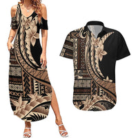 Samoa Siapo Mamanu Couples Matching Summer Maxi Dress and Hawaiian Shirt Plumeria Black Motifs LT7 Black - Polynesian Pride