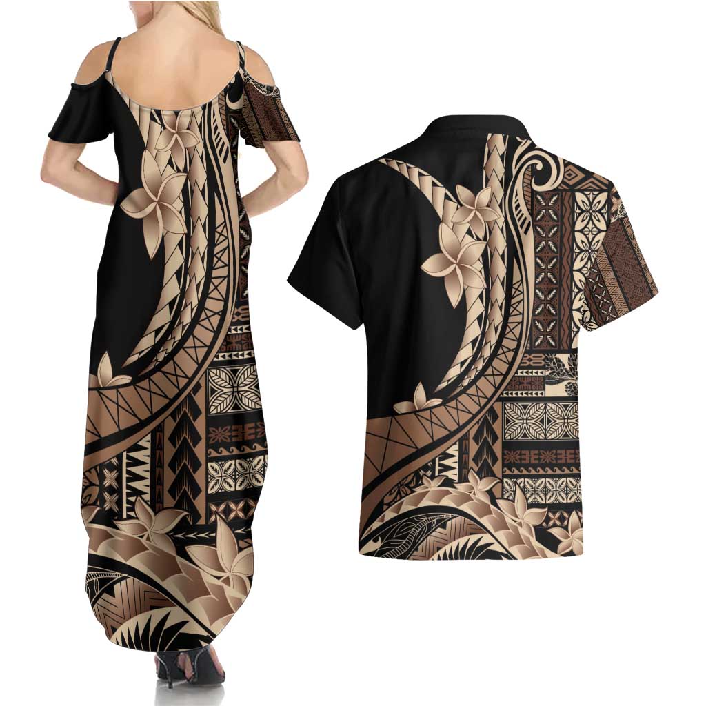 Samoa Siapo Mamanu Couples Matching Summer Maxi Dress and Hawaiian Shirt Plumeria Black Motifs LT7 - Polynesian Pride